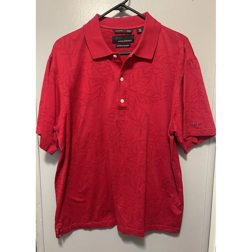 Greg Norman Men's Red Polo Shirt Short Sleeve, Size Medium Leaf Embossed Fabric